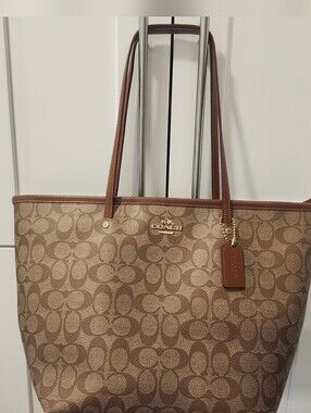 Coach Signature Monogram Tote in Brown and Tan